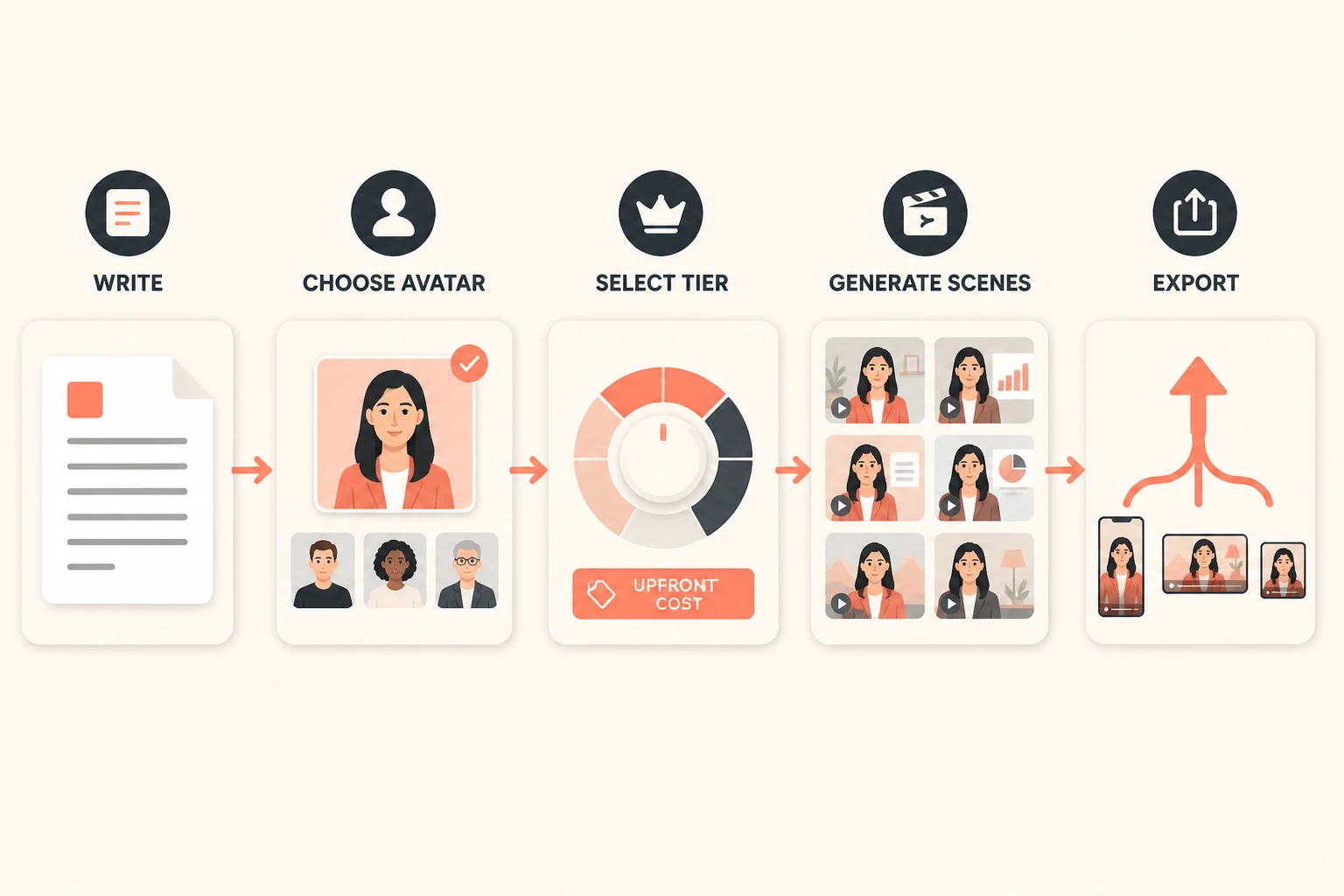 Five-step Lumigen workflow diagram from script to multi-format export