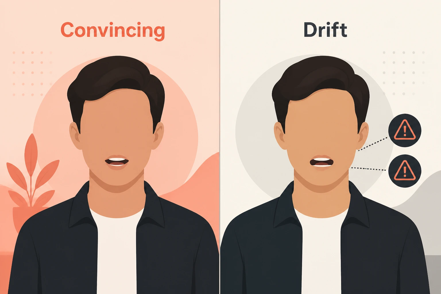 Split-frame contrasting a convincing human-looking avatar with an avatar showing lip-sync drift
