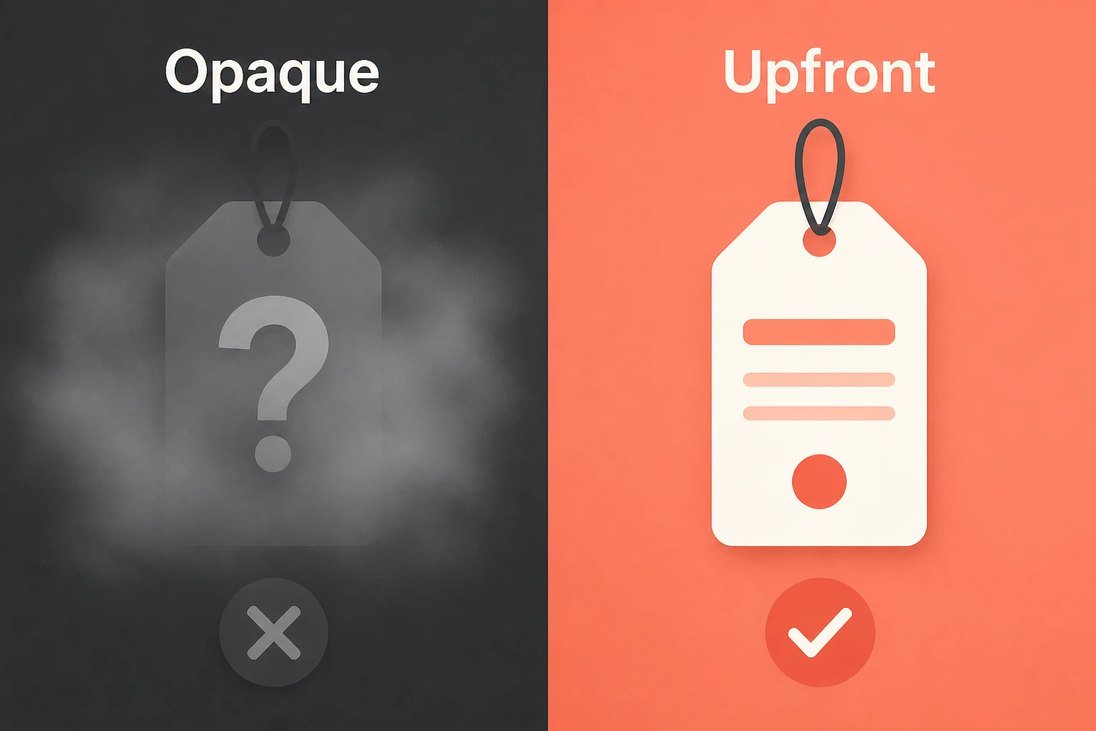 Split showing an opaque hidden price tag versus a clear upfront credit cost
