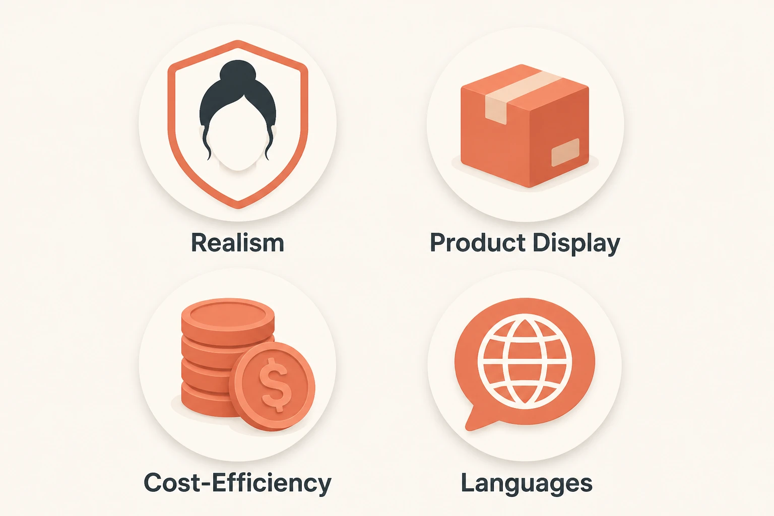 four evaluation criteria icons for realism, product display, cost, and languages