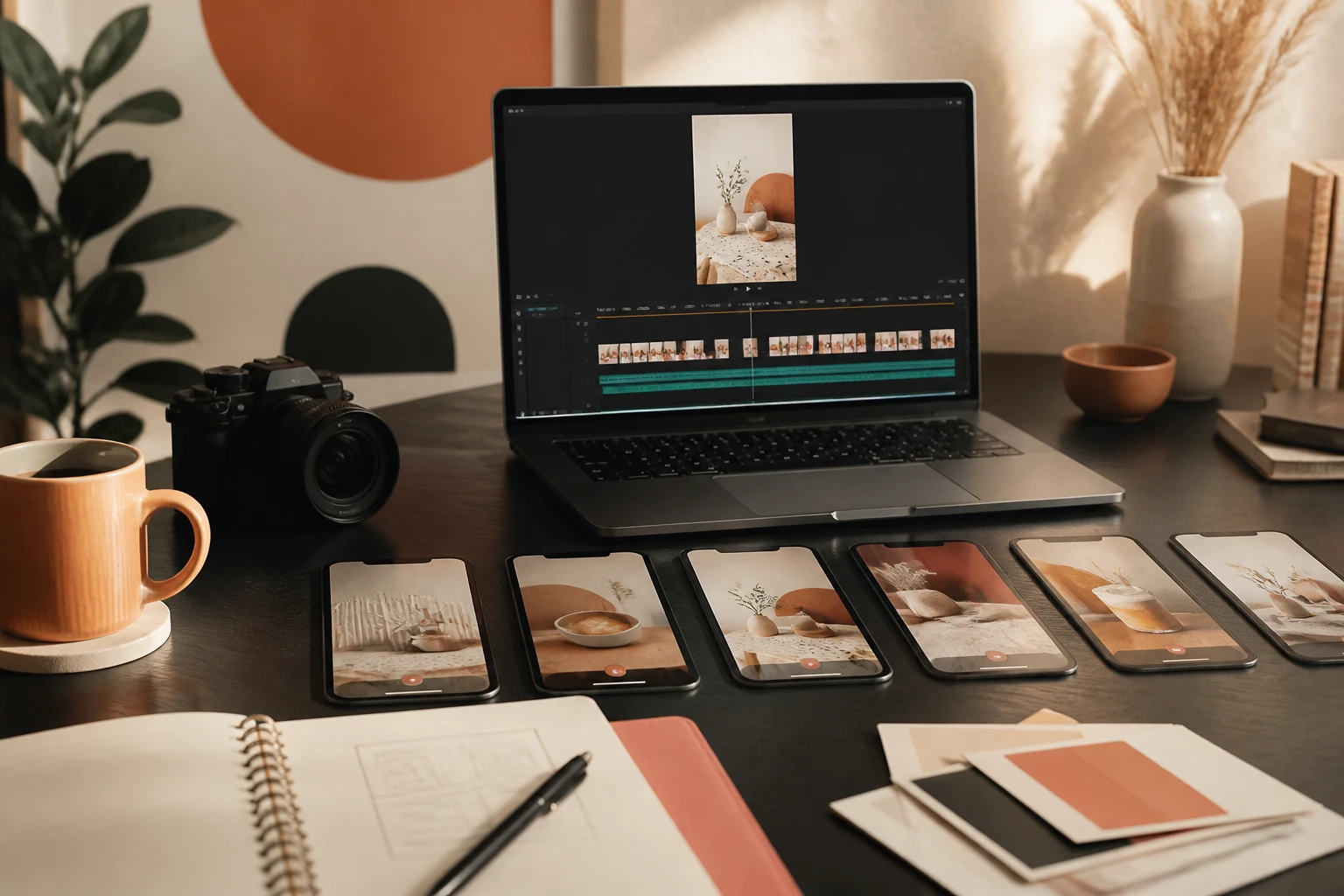 editorial workspace shot of a creator reviewing multiple ad variants