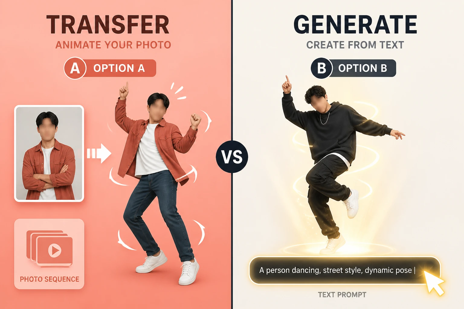 Split-frame comparison of motion-transfer versus original-generation dance output