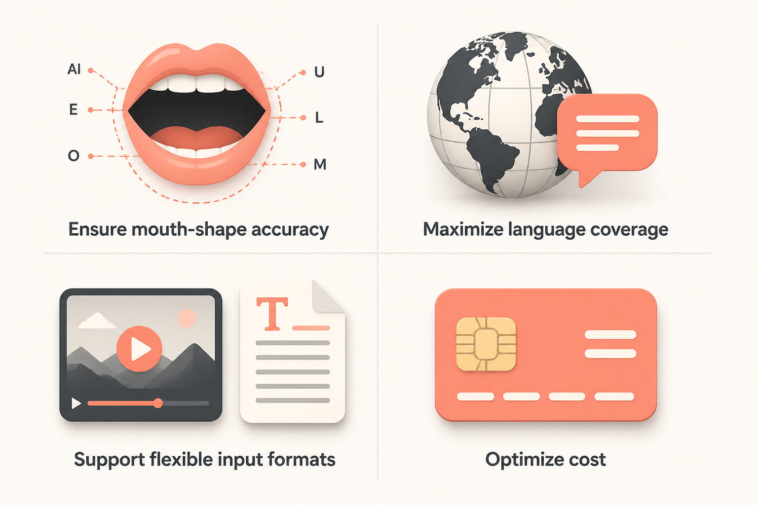 Four criteria for judging AI lip-sync tools: mouth-shape accuracy, language coverage, input format, and cost