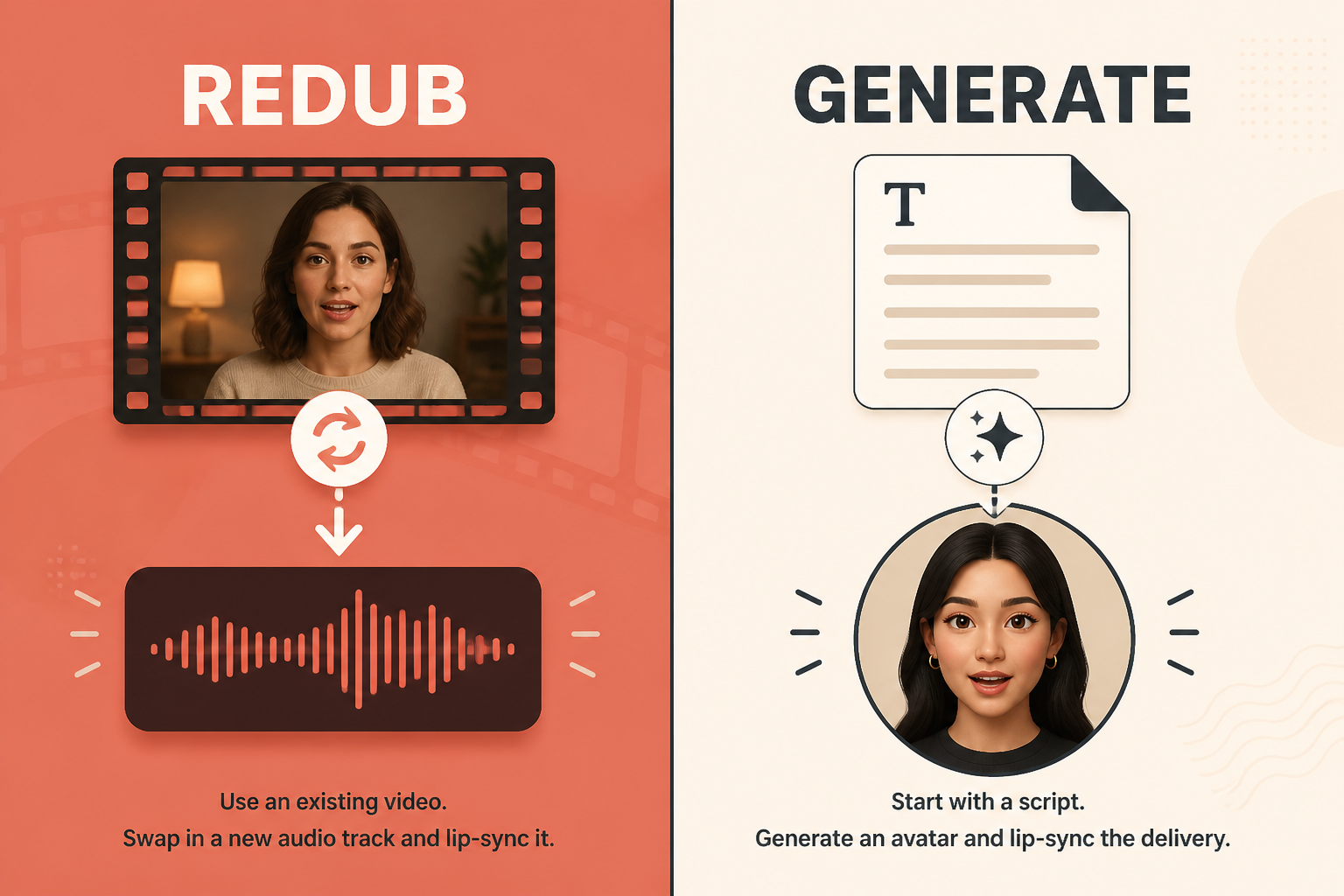 Split-frame comparing redub-existing-video workflow vs generate-from-script workflow