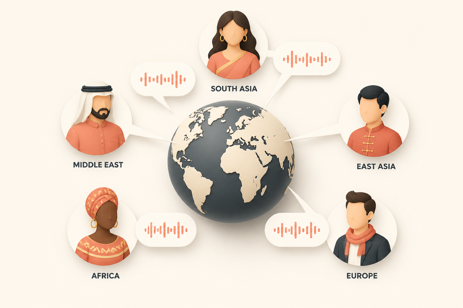 Globe surrounded by stylized avatar busts representing multilingual lip-sync coverage