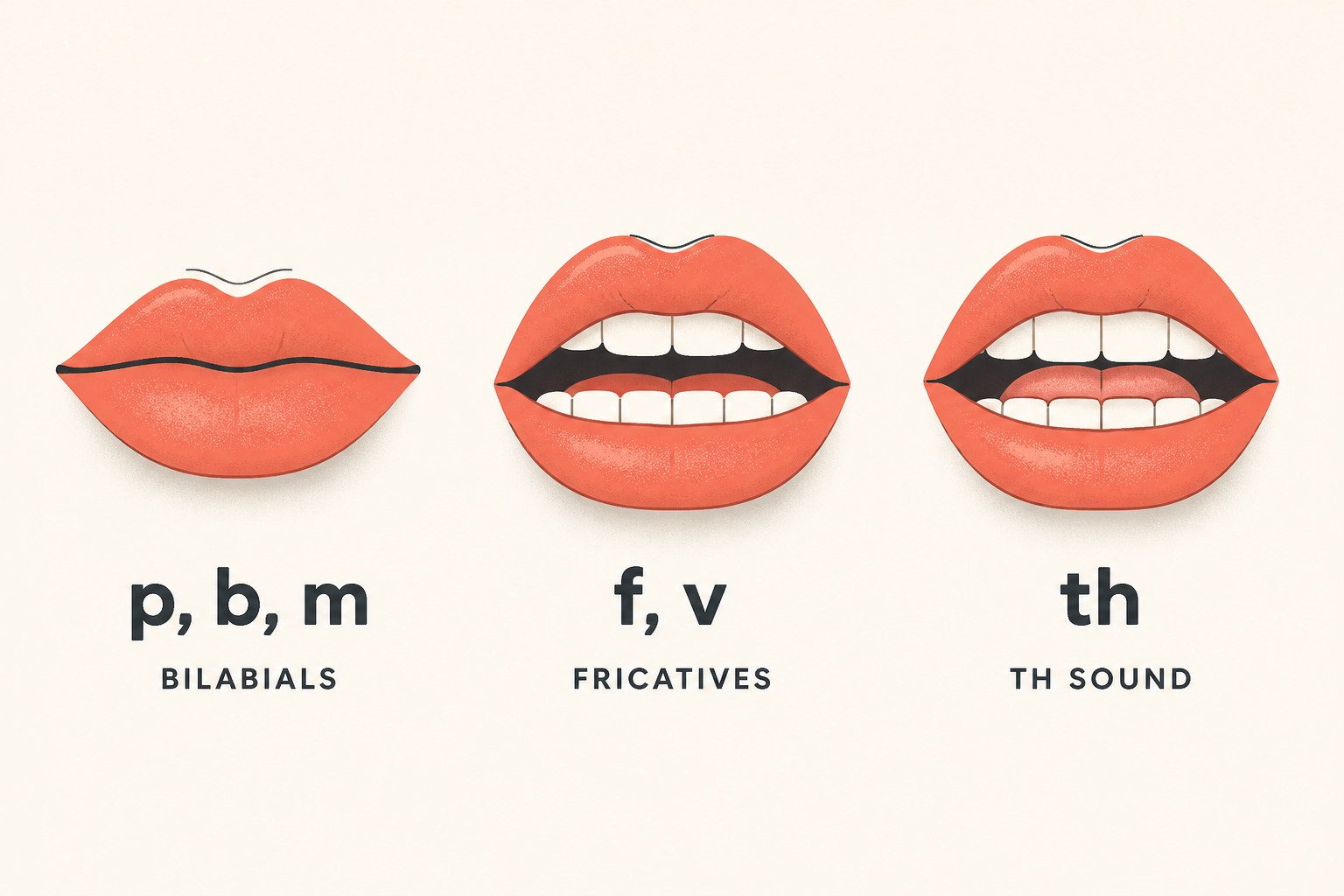 Three phoneme mouth shapes: closed bilabial, fricative with teeth on lip, th-sound with tongue tip visible