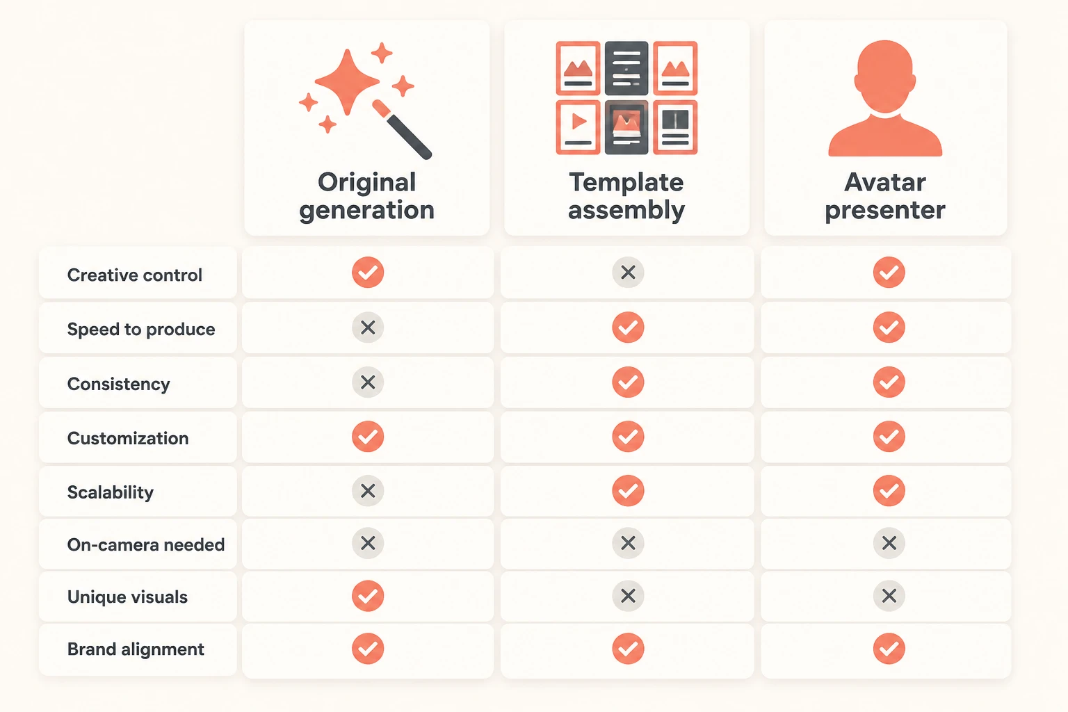 Comparison of AI Reels generator types: original generation, template assembly, avatar