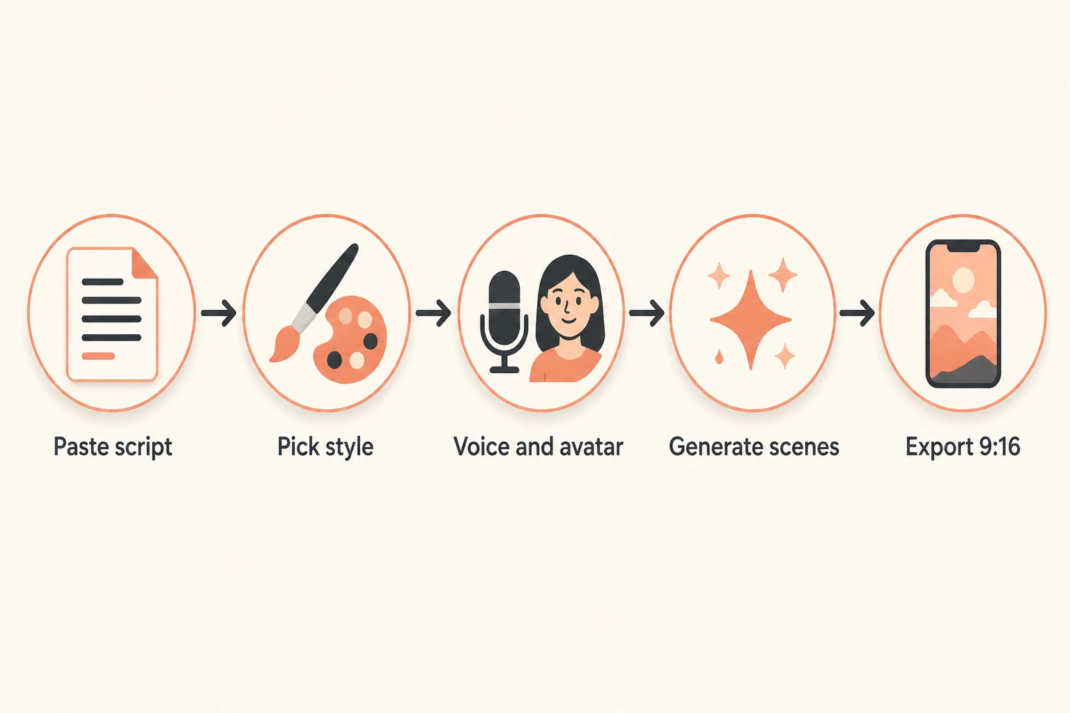 Five-step Lumigen workflow: paste script, pick style, choose voice and avatar, generate, export vertical