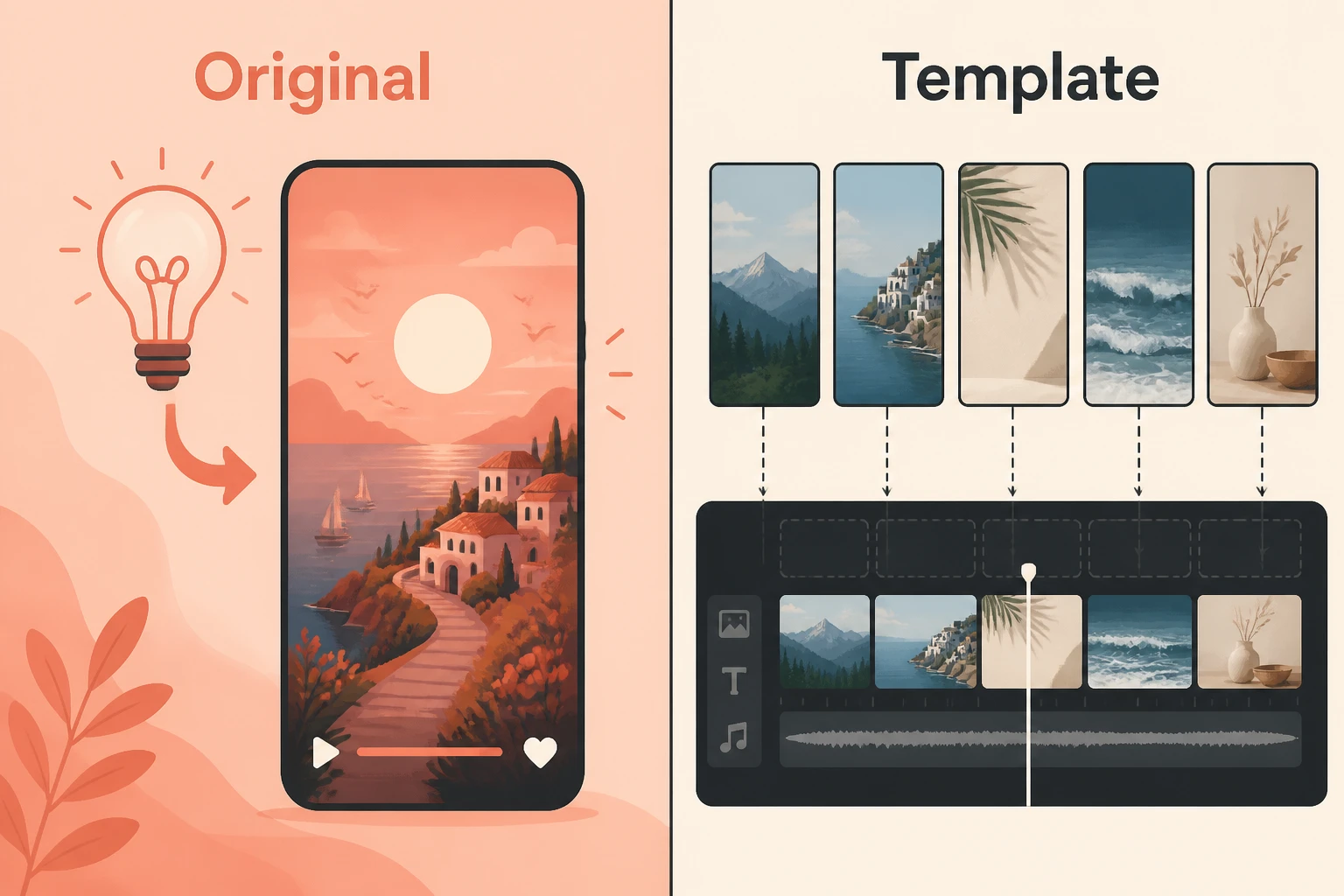 Split-frame: original AI generation versus stock-template assembly