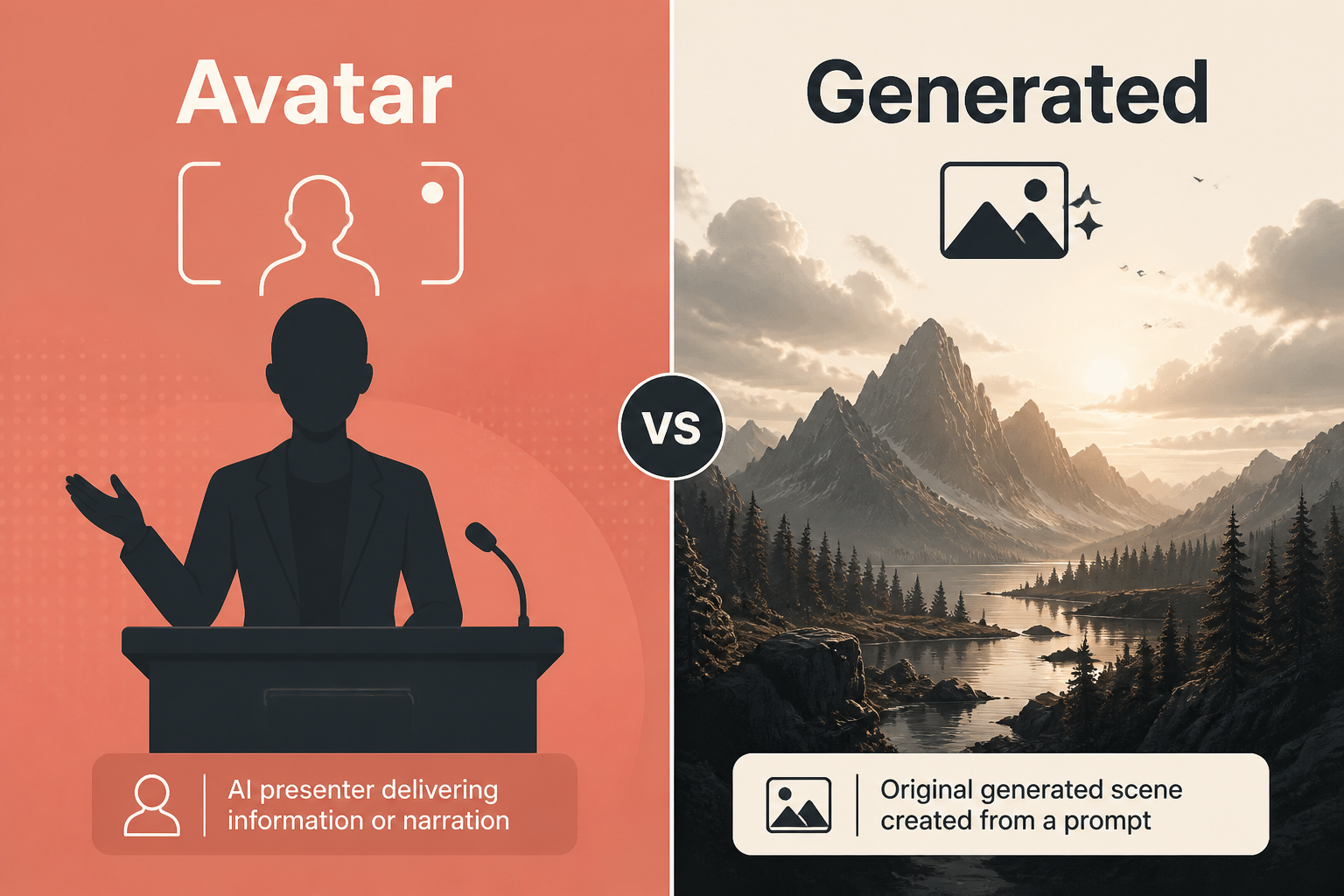 Split-frame: avatar presenter on one side, original generated scene on the other.