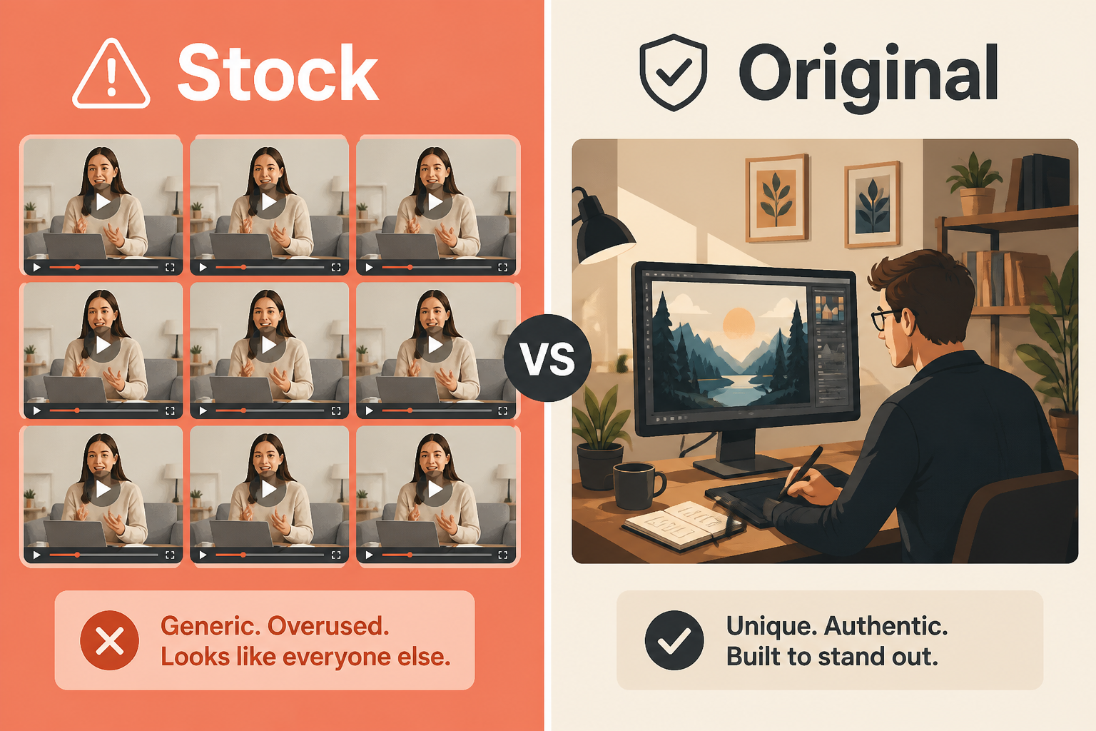 Split-frame: recycled stock clips versus original generated footage.