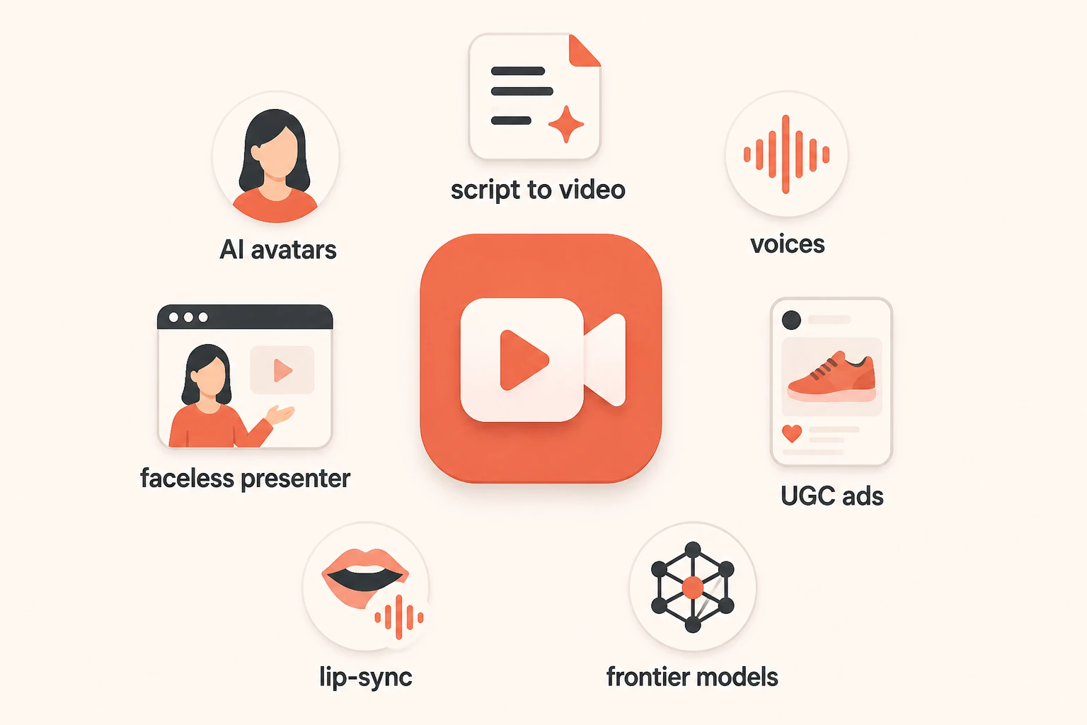 Lumigen talking head capability matrix with avatar, voice, and model icons