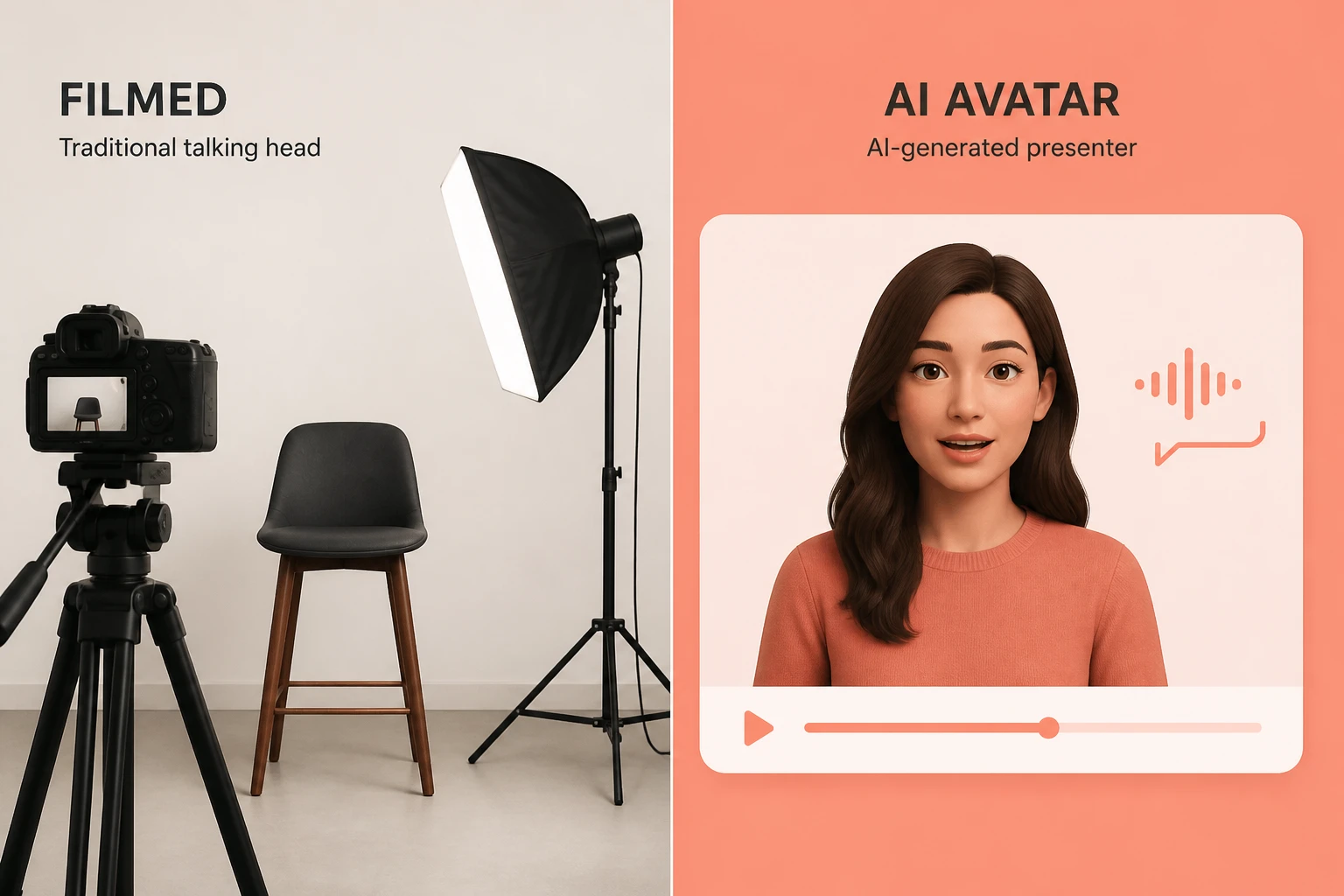 filmed talking head setup versus an AI avatar presenter