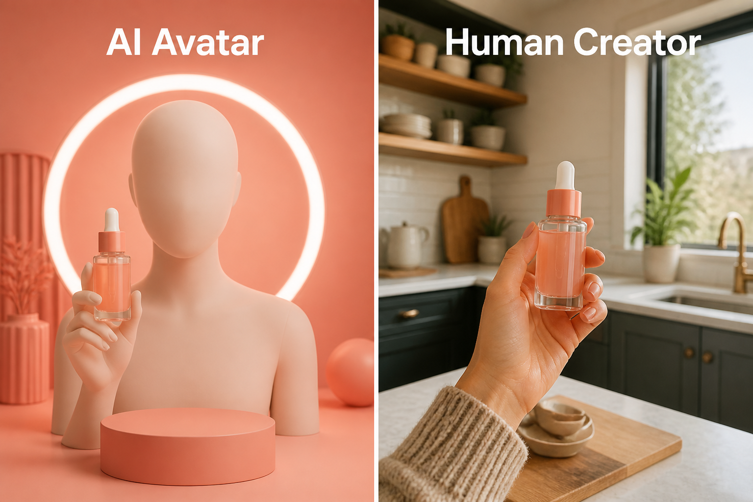 Split-frame: AI avatar UGC ad on left in a polished coral studio vs human creator UGC ad on right in a warm home kitchen with the same product