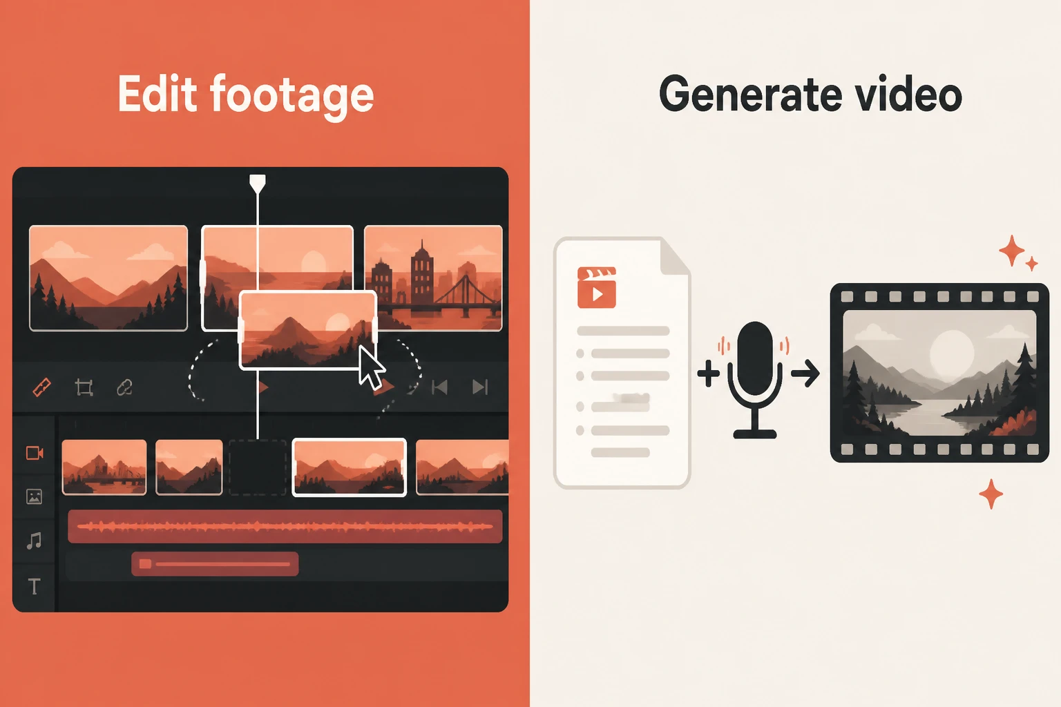 Two-path diagram comparing footage-first editors with script-first AI generators