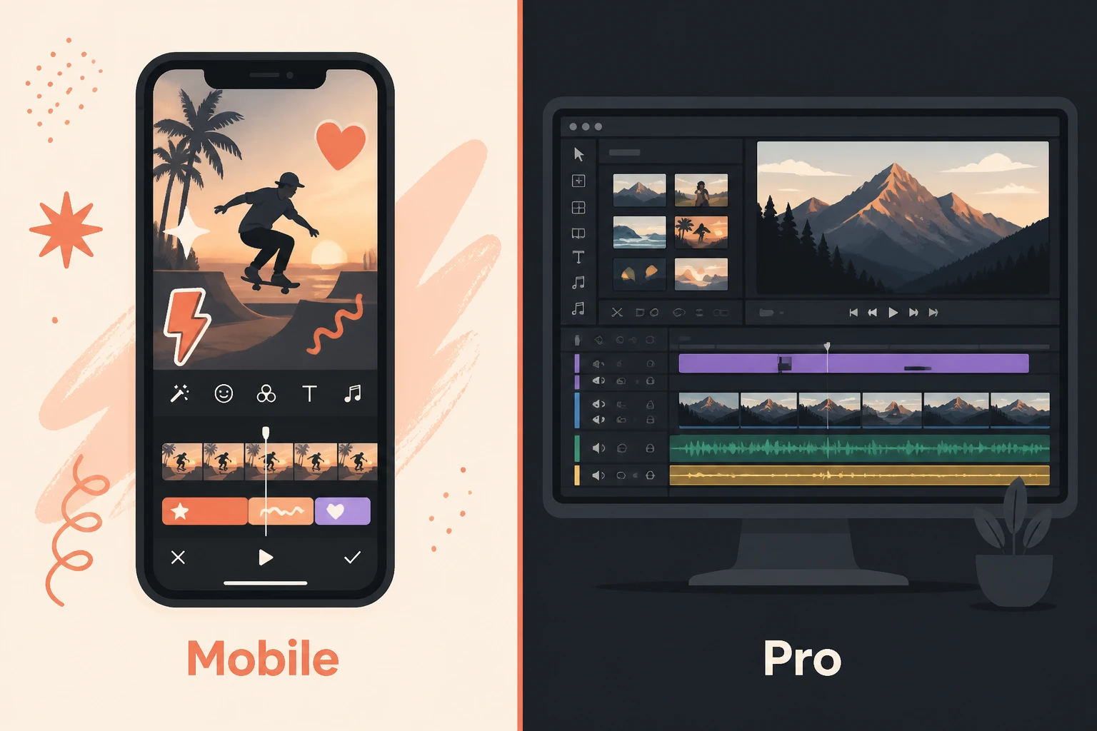Split-frame contrast between a mobile clip editor and a desktop pro timeline