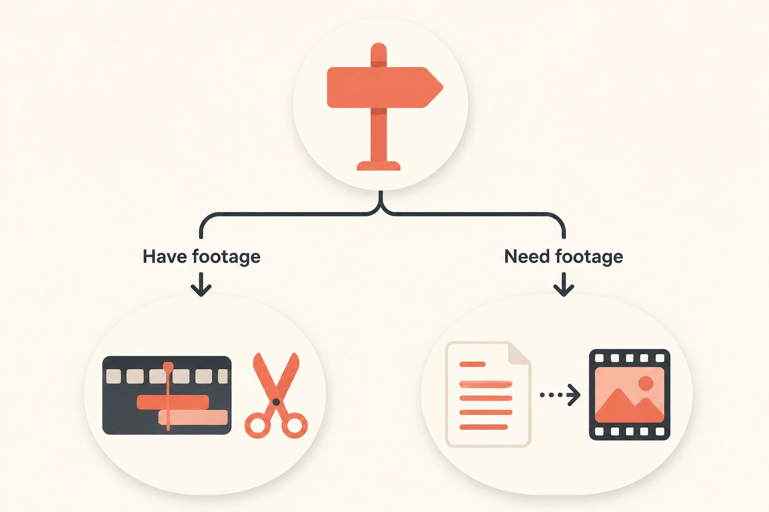 Decision-tree infographic routing footage-first versus script-first to the right tool
