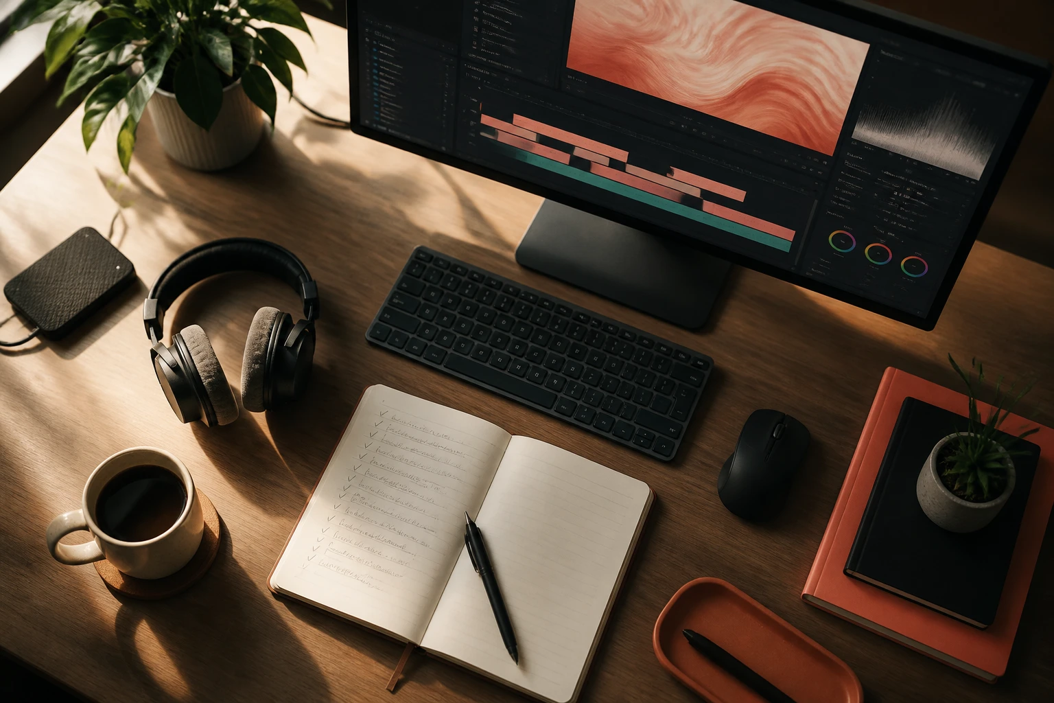Editing workspace with a monitor, headphones, and notes laid out for a comparison test