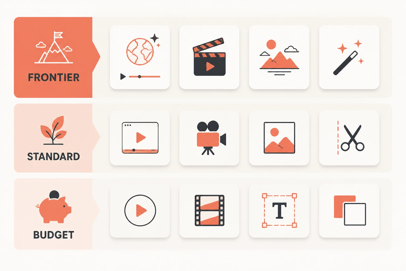 flat-vector landscape of AI video model tiers with category labels