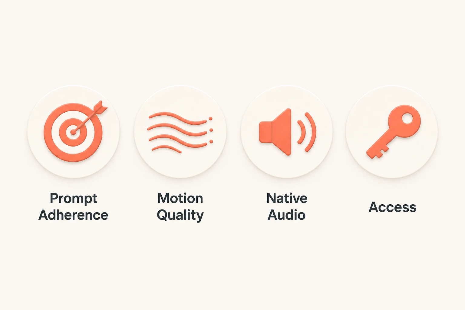 four ranking-criteria icons for prompt adherence, motion, audio, and access