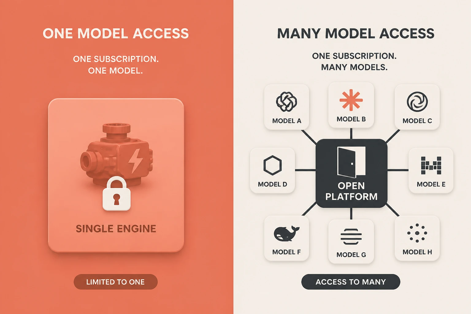 split-frame comparing one model subscription versus one platform with many models