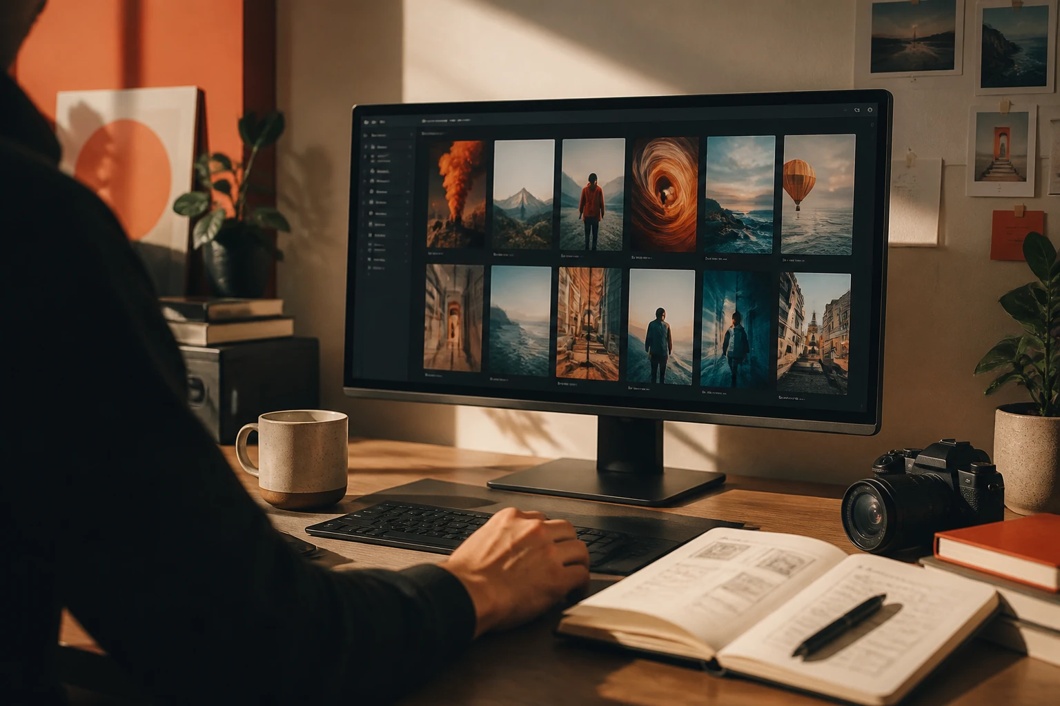 editorial workspace shot of a creator reviewing AI-generated video clips on screen