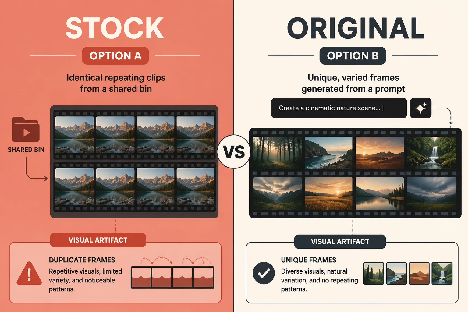 Split-frame contrasting stock-footage assembly with original AI generation