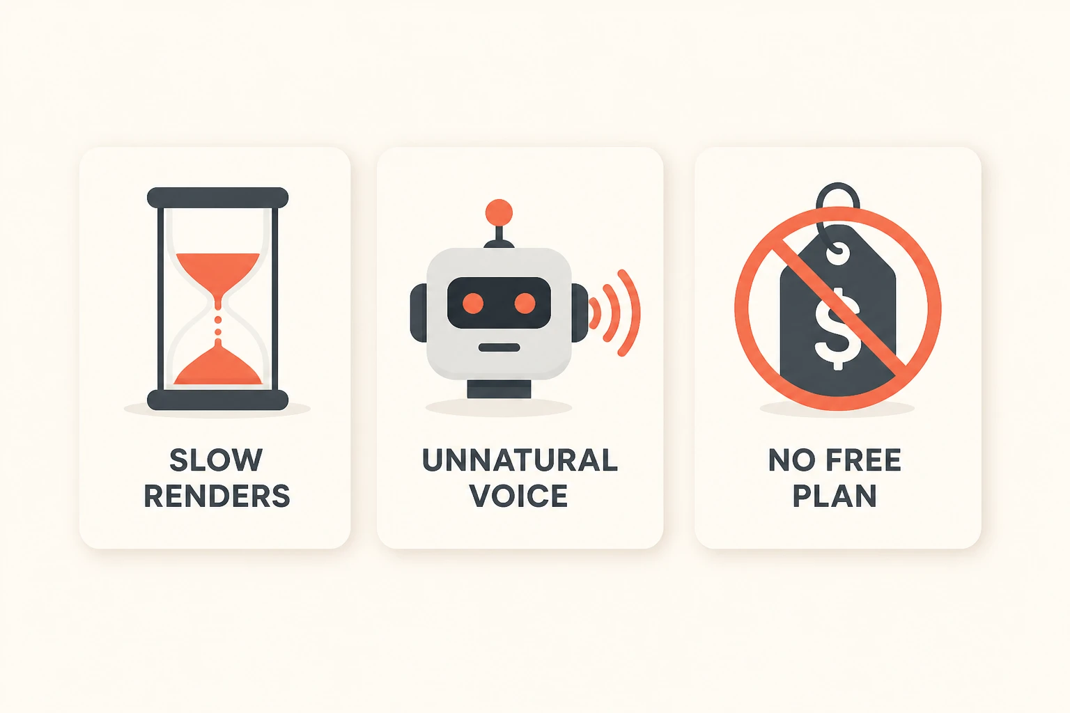 Icons of the main reasons creators leave Crayo: slow renders, robotic voice, no free plan