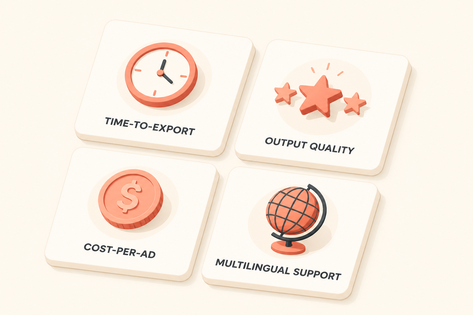 four-metric test-results dashboard with icons for time, quality, cost, languages