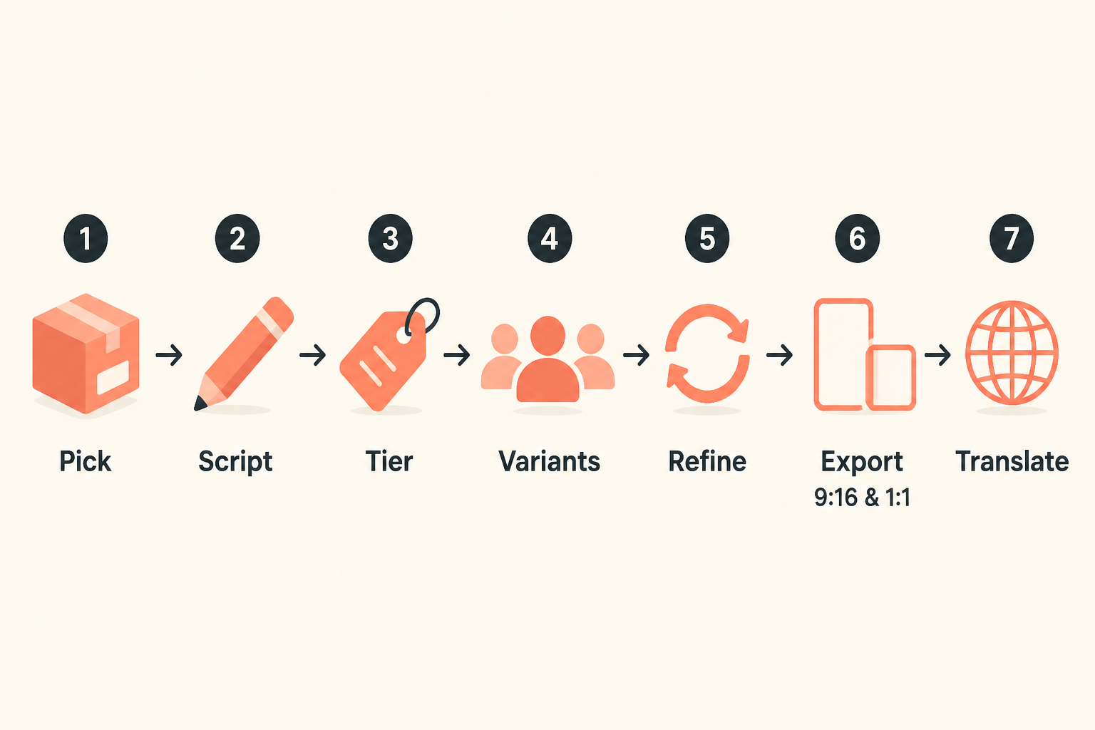 seven-step UGC ad-variant workflow diagram with horizontal numbered icons