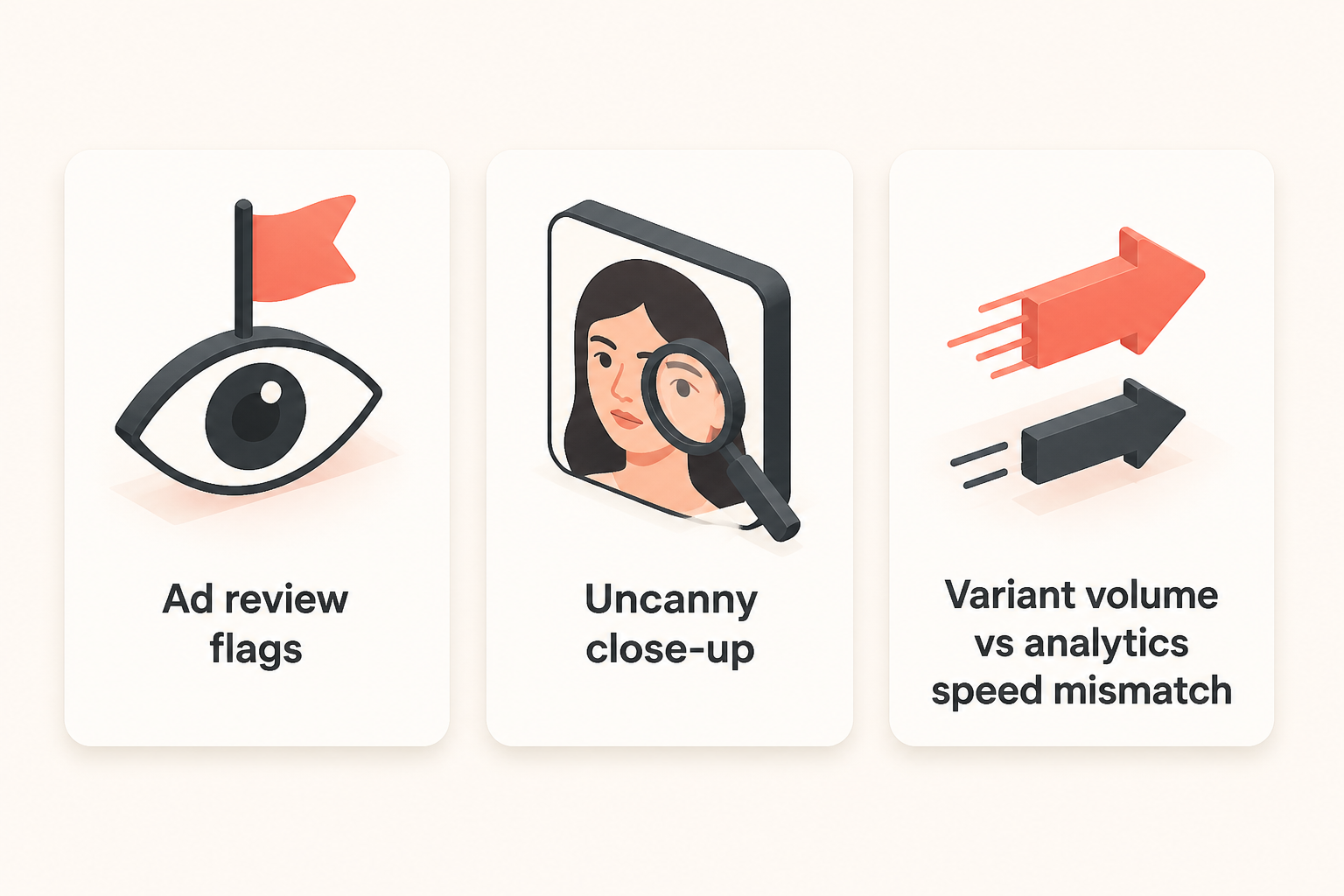 three constraint cards labeling persistent gaps across AI UGC ad tooling