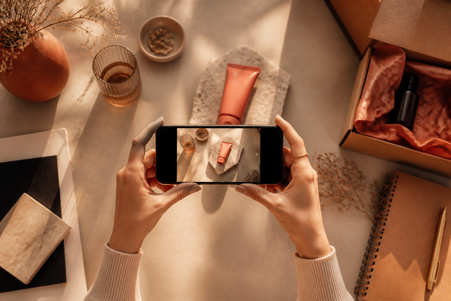 ecommerce founder's product-photo workspace shot from a top-down angle