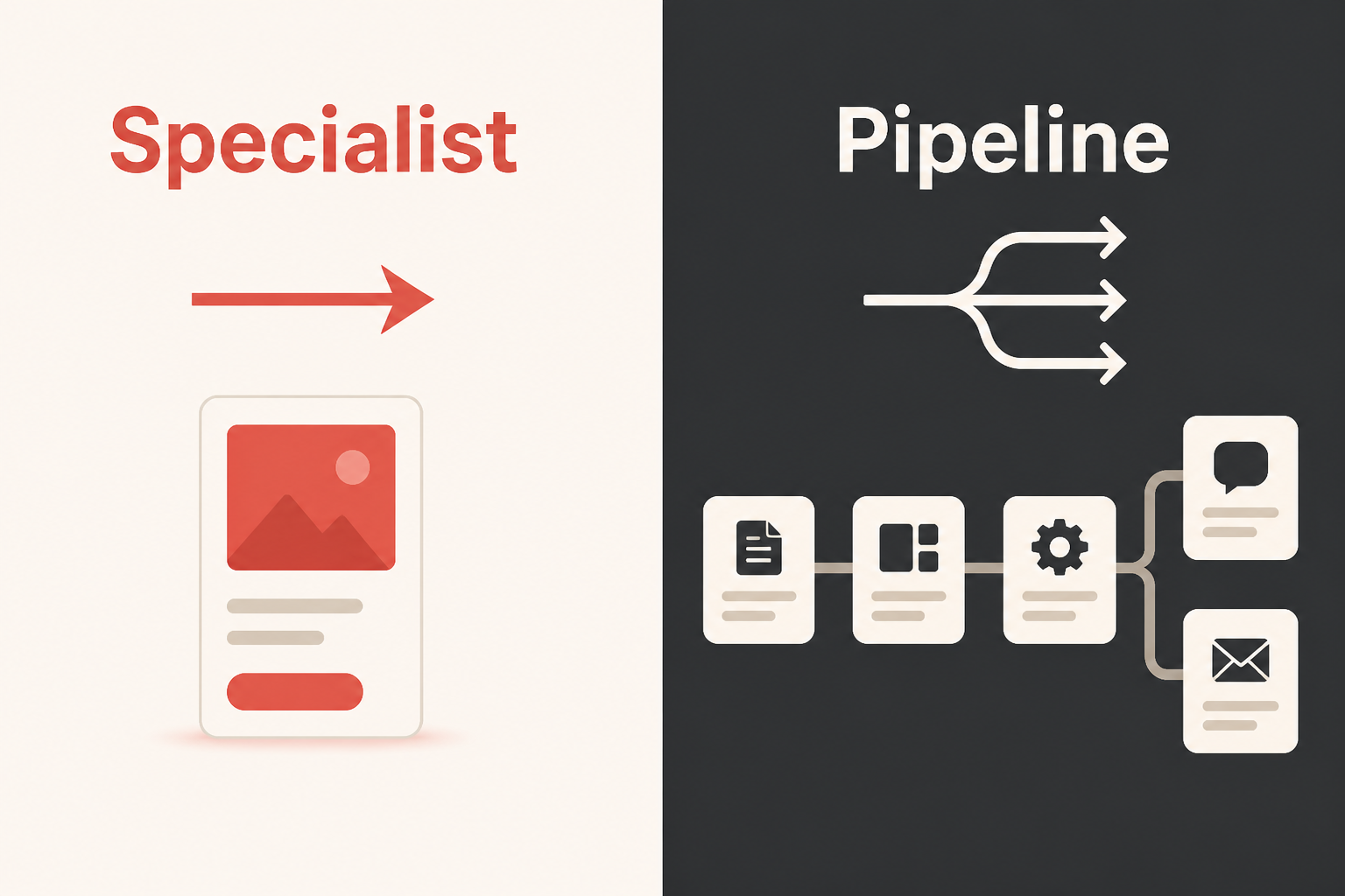 split-frame: specialist tool on the left vs pipeline tool on the right