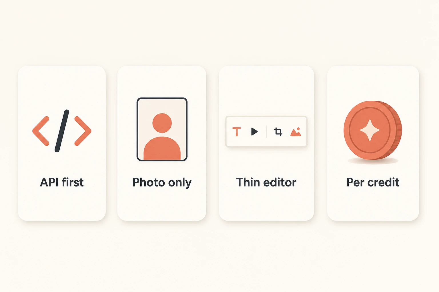 four cards: API first, photo only, thin editor, per credit
