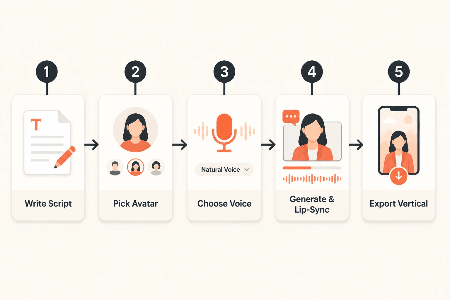 five-step no-code workflow: write script, pick avatar, choose voice, generate and lip-sync, export vertical