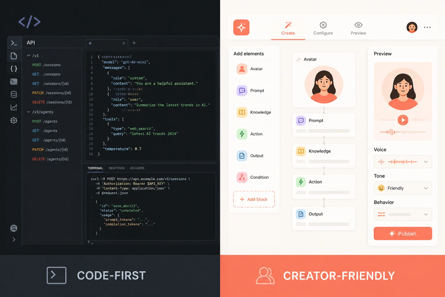 split-frame: a code-first developer console versus a no-code creator app