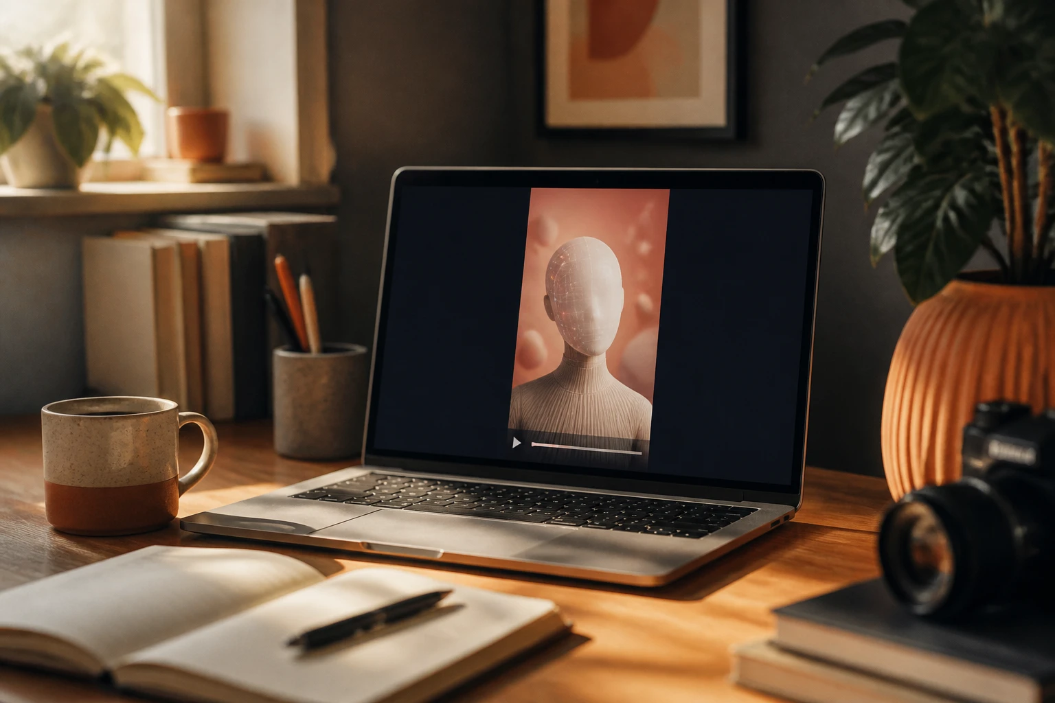warm creator workspace with a laptop showing a vertical avatar video preview