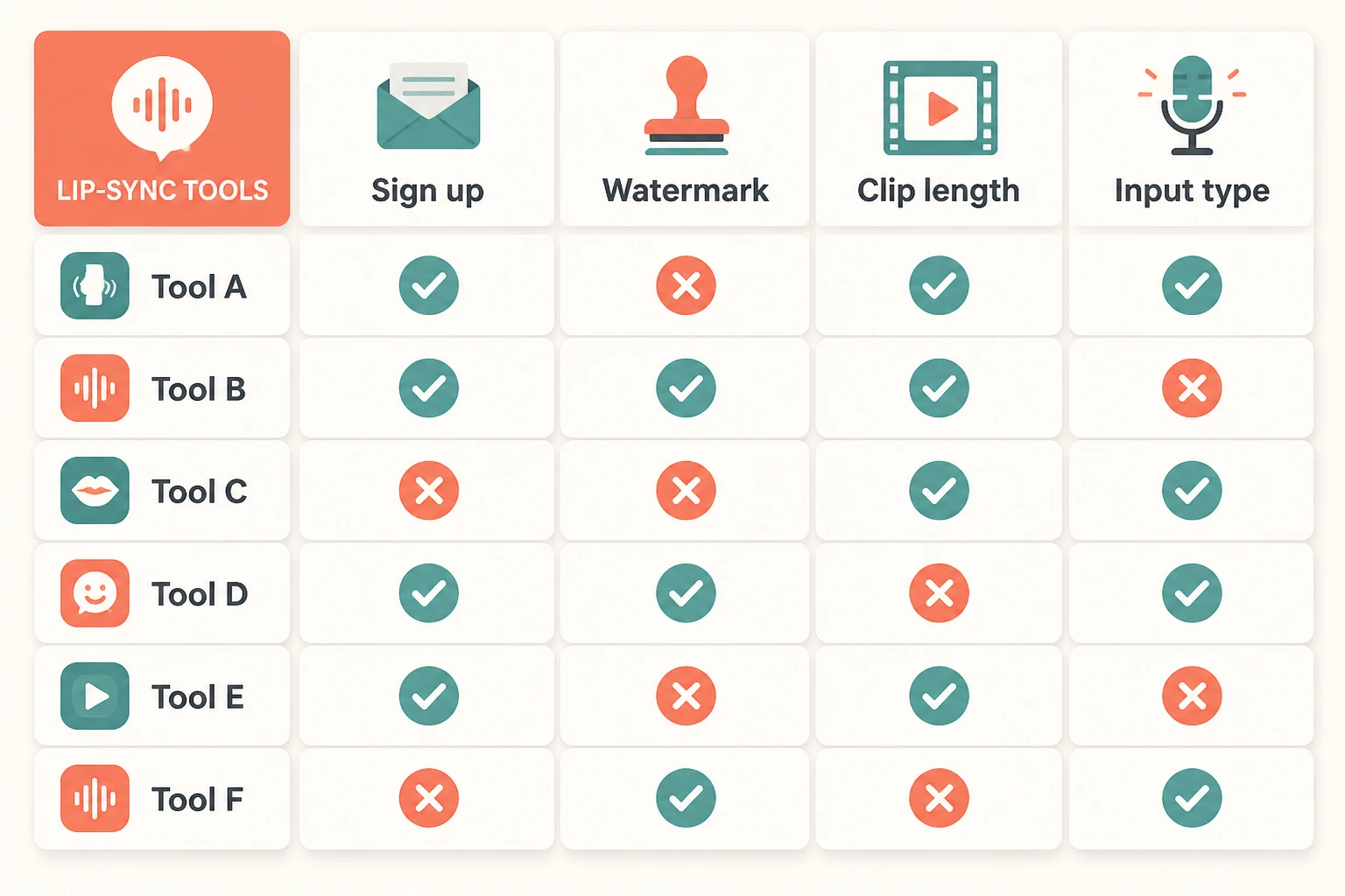 Feature comparison matrix with sign-up, watermark, clip length, and input columns