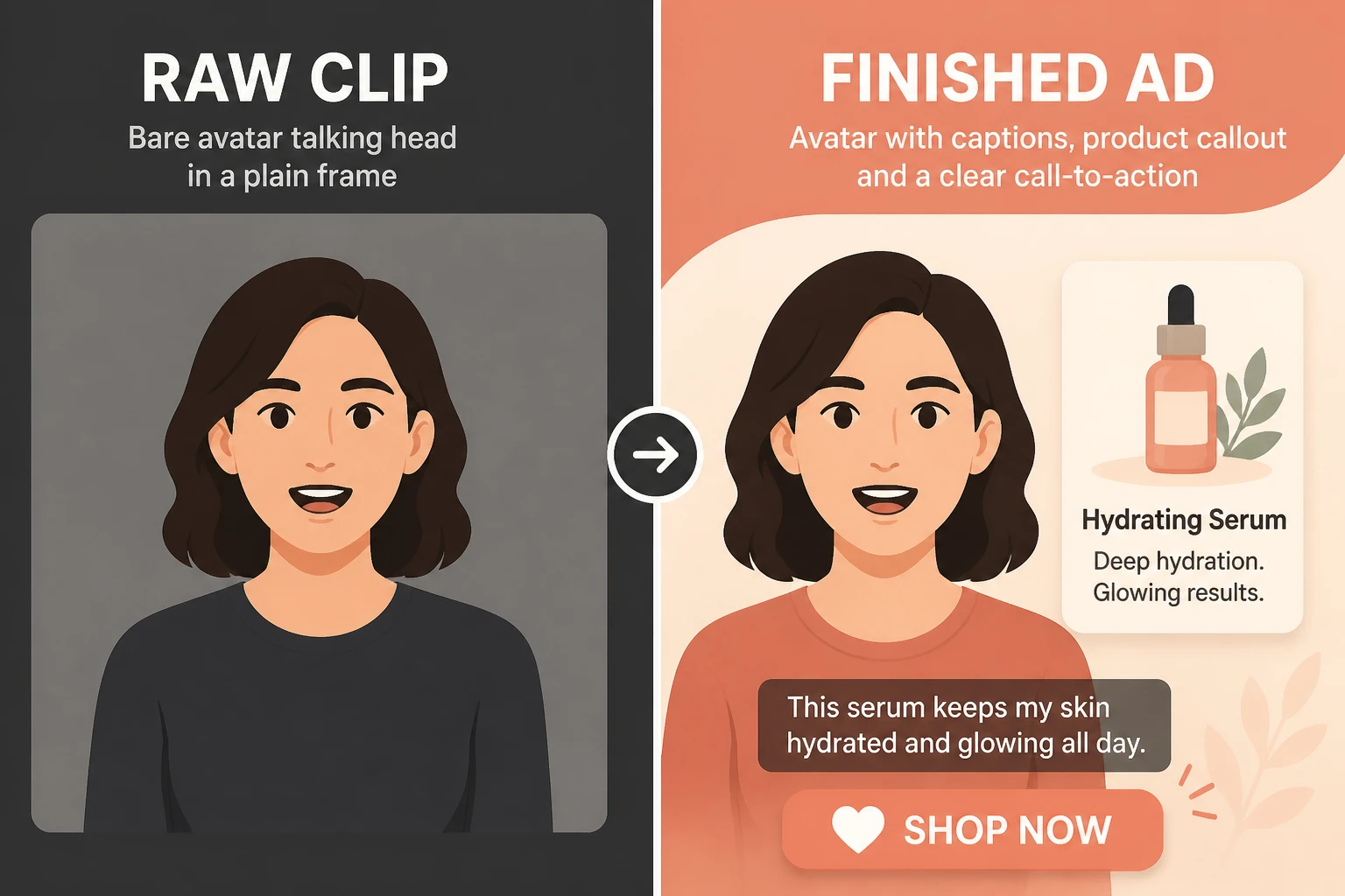 split frame comparing a raw avatar clip with a finished UGC ad