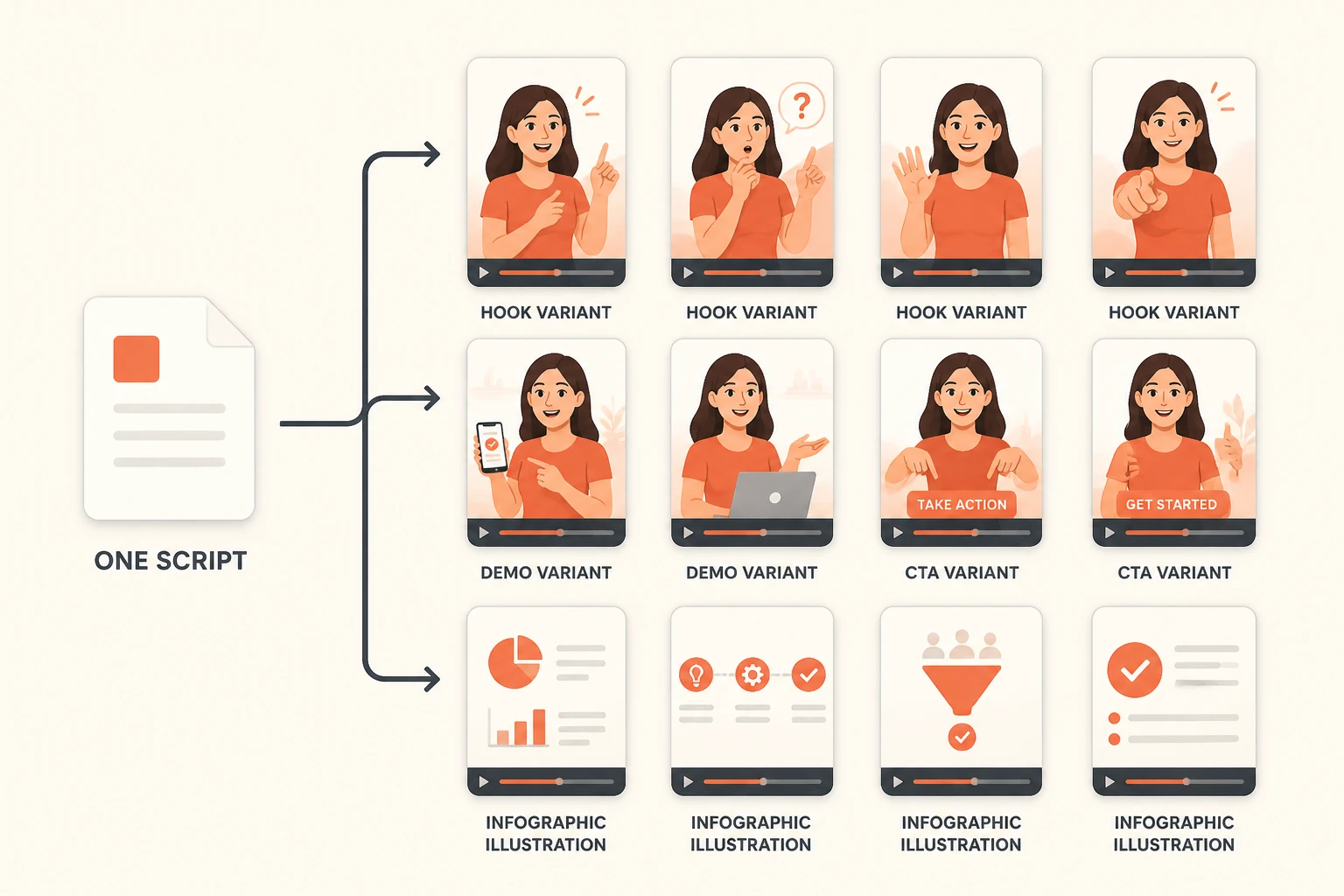 infographic of one script generating multiple ad variants for testing