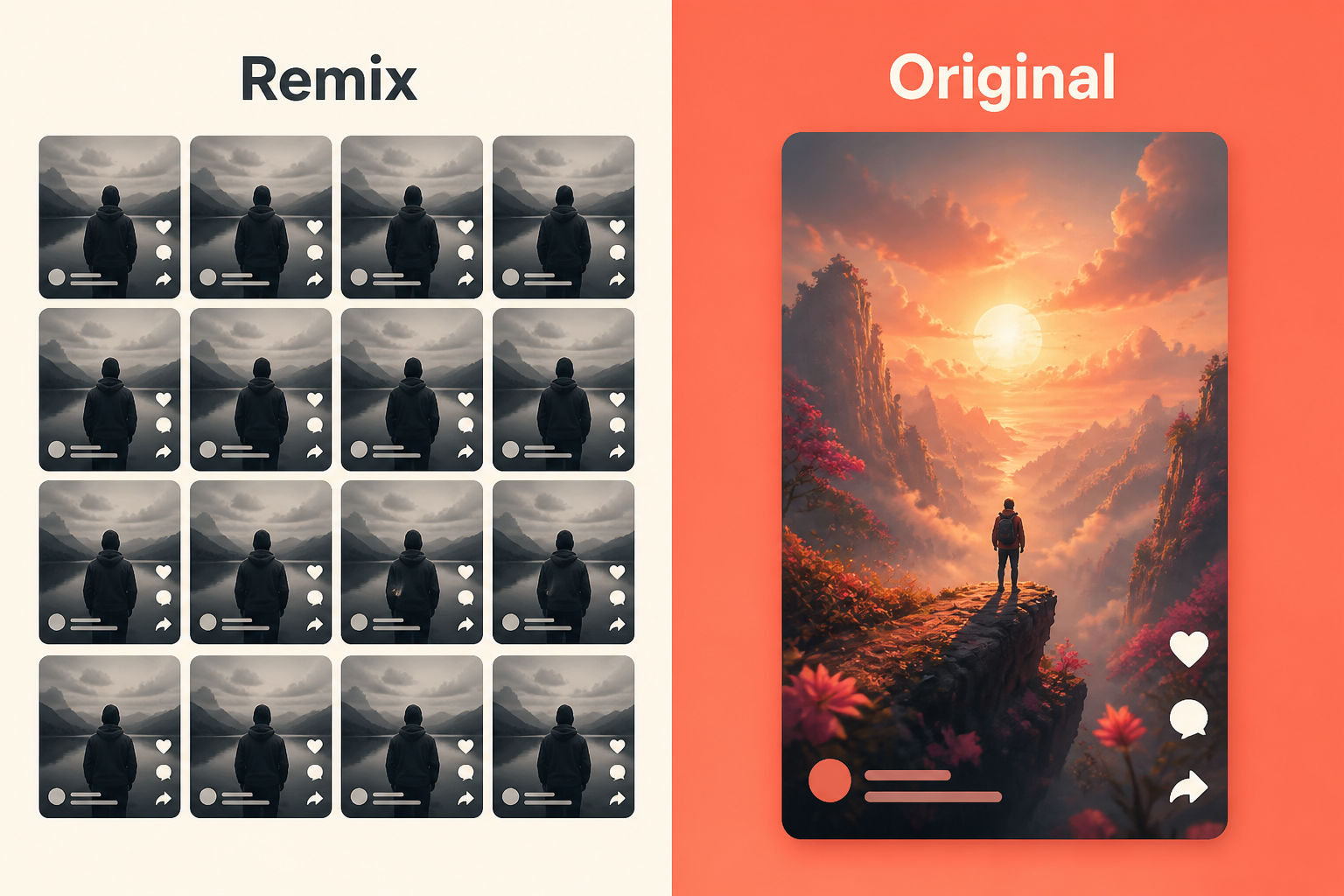 Split-frame contrast: Revid's remixed stock clips on one side, original AI-generated footage on the other.