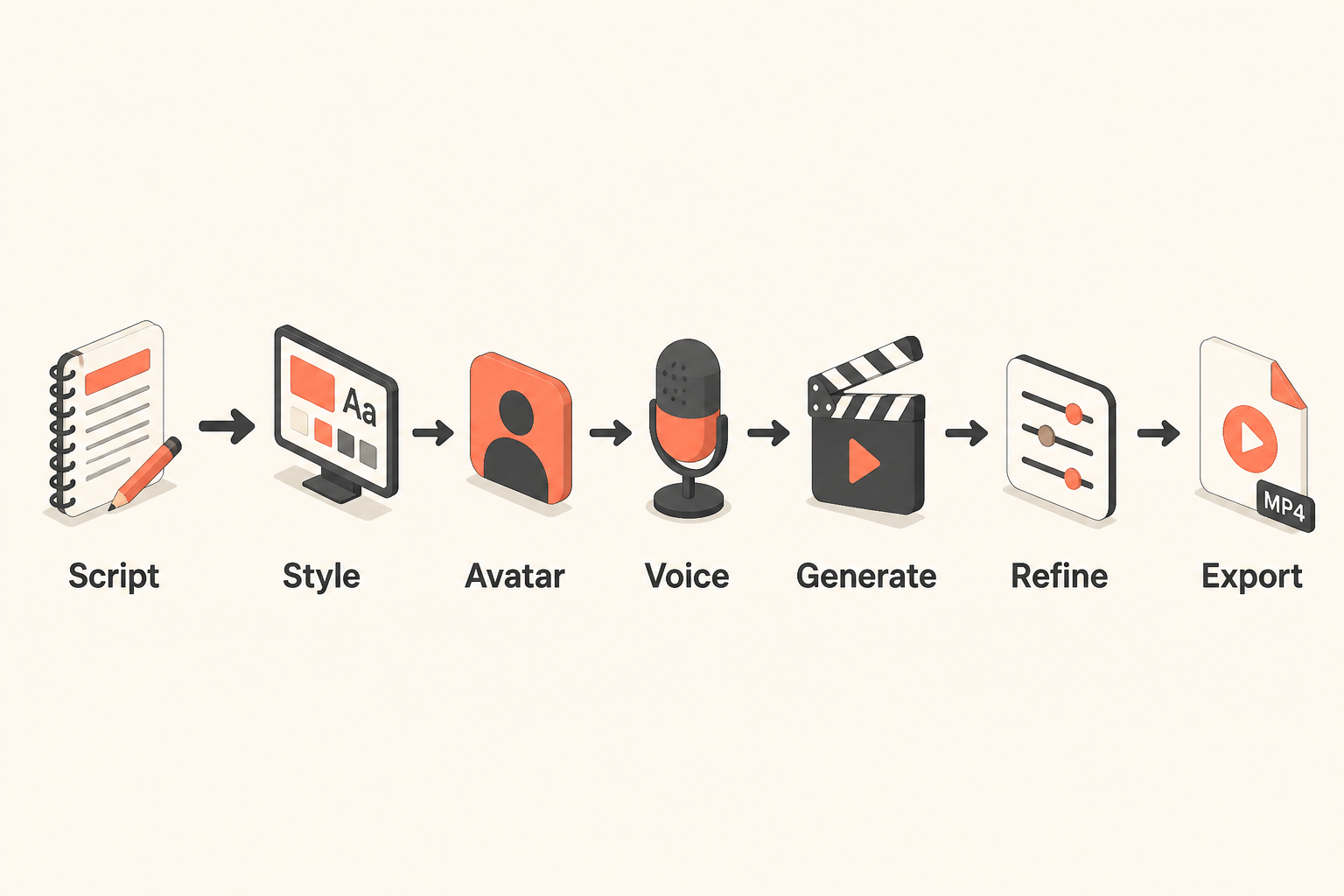 Seven-step faceless workflow: script, tier, avatar, voice, generate, refine, export.
