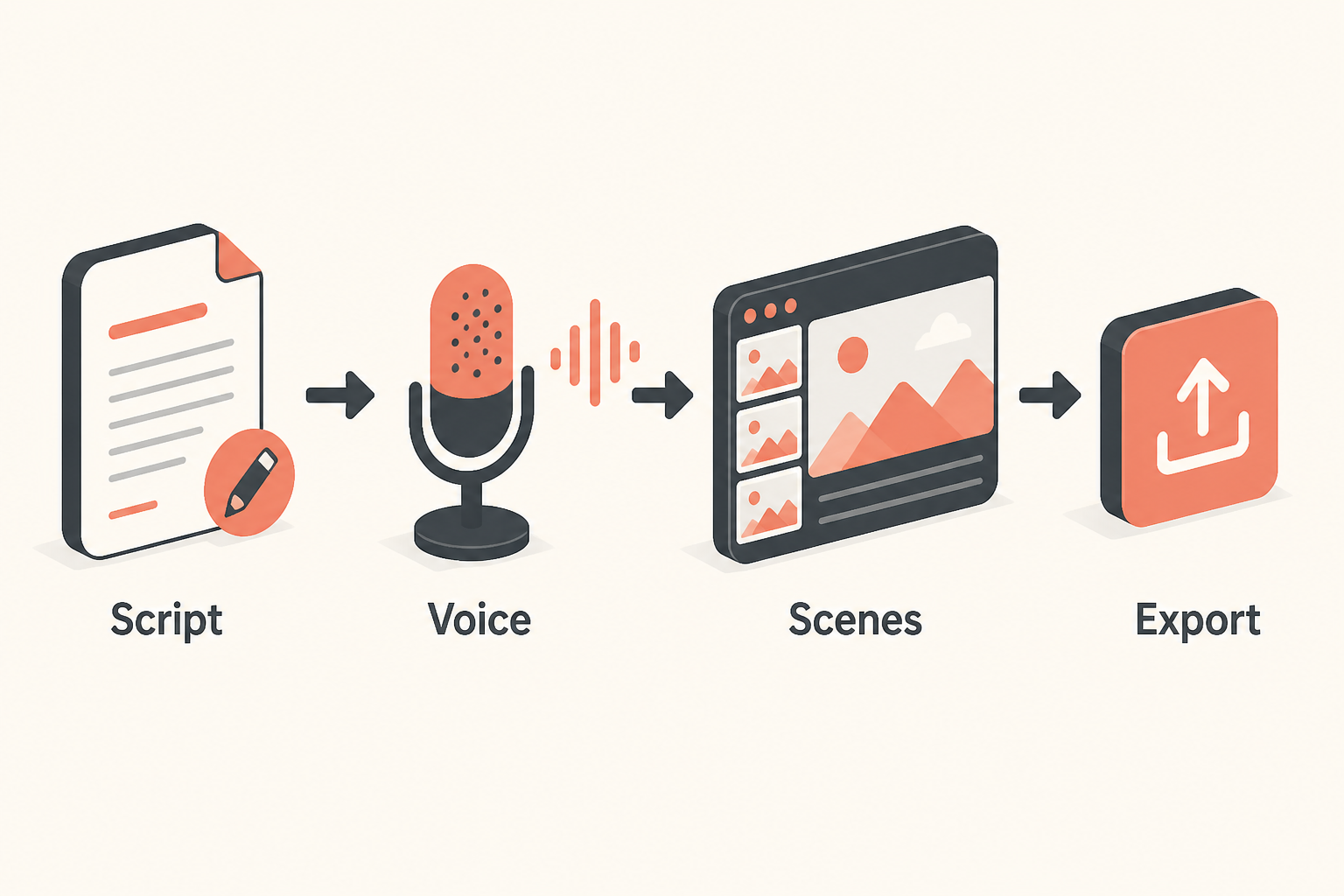 Narration pipeline: script to lifelike text-to-speech voice to scene assembly to export.