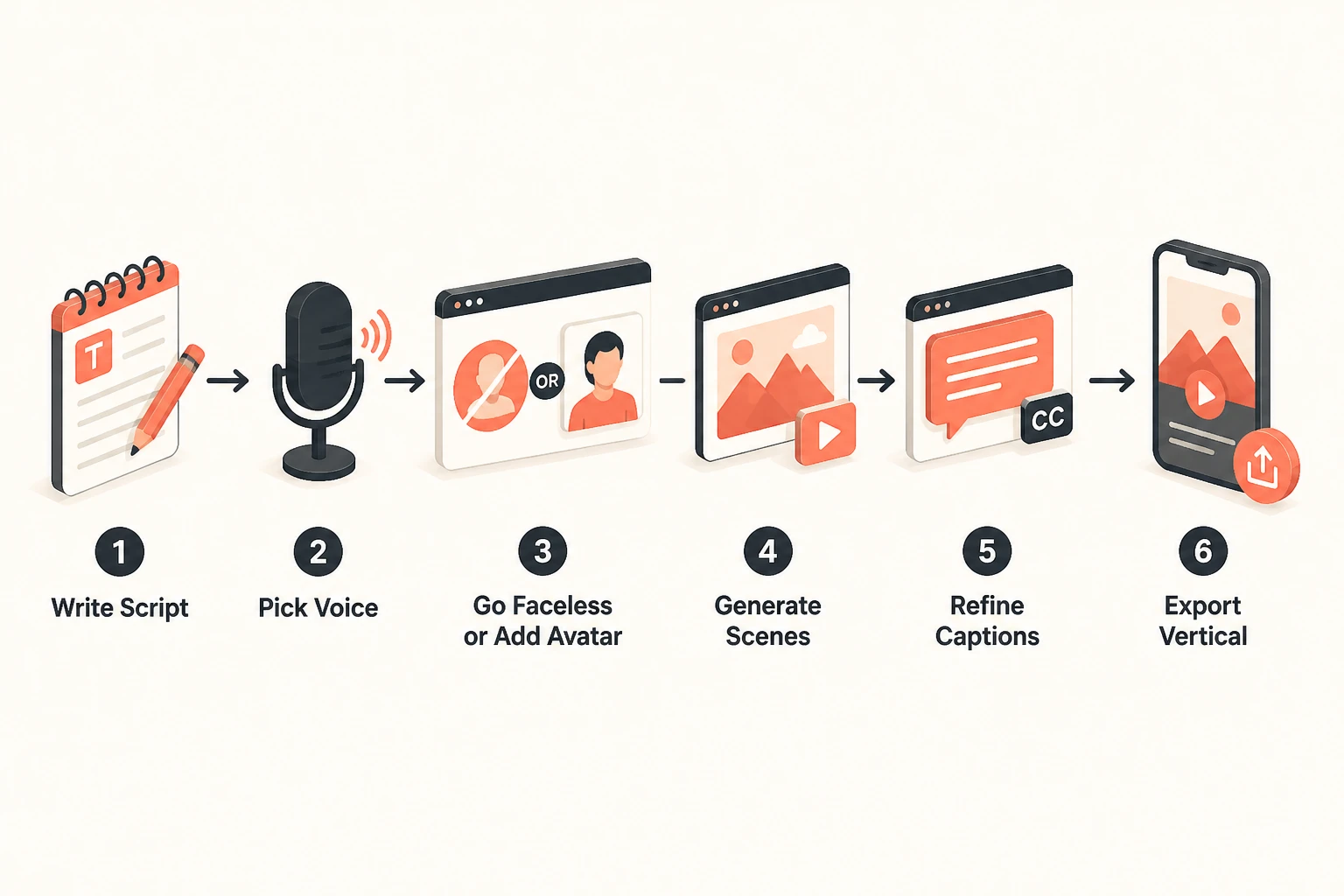 Workflow diagram of the Lumigen faceless video process from script to exported vertical clip