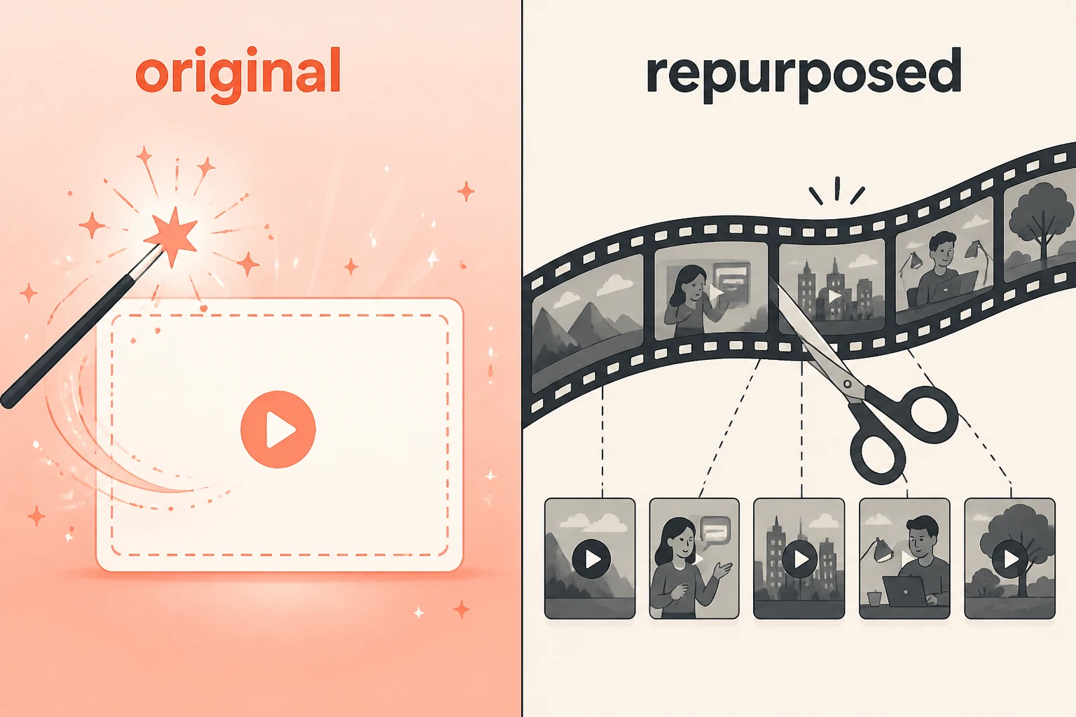 Split-frame comparing original AI video generation versus clip repurposing from existing footage