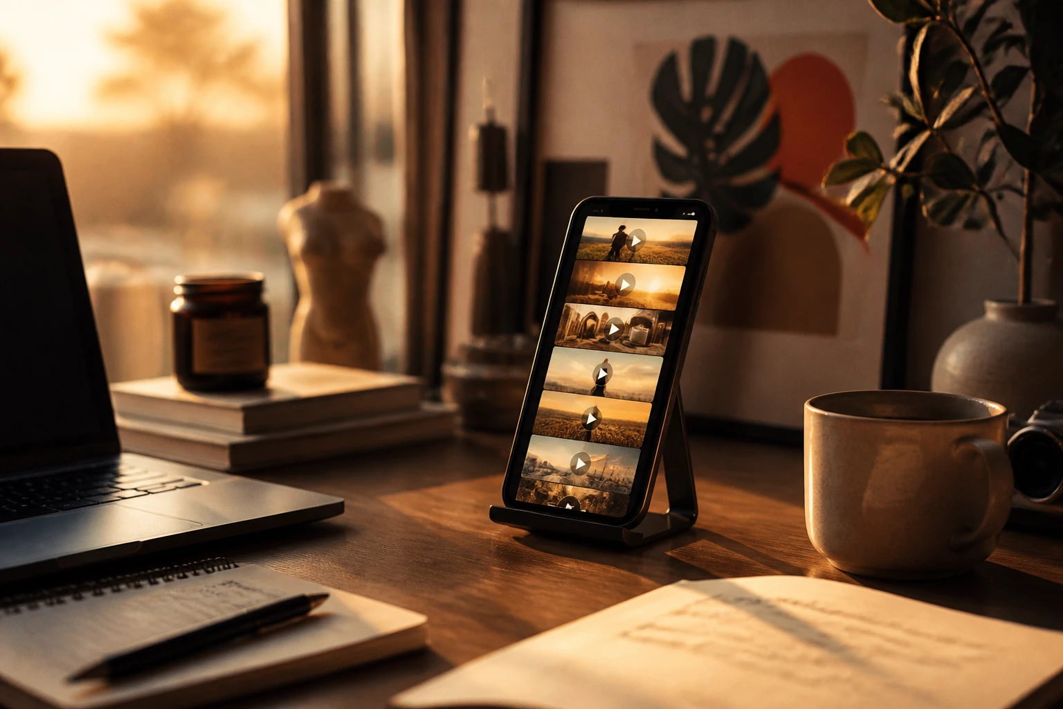 A creator's desk at golden hour with a phone showing a stack of published short videos, representing high-volume faceless output