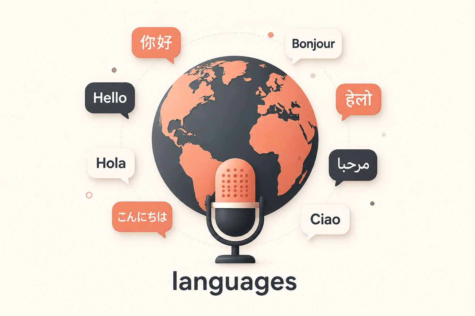 Multilingual faceless video concept: a globe with speech icons representing 30-plus narration languages