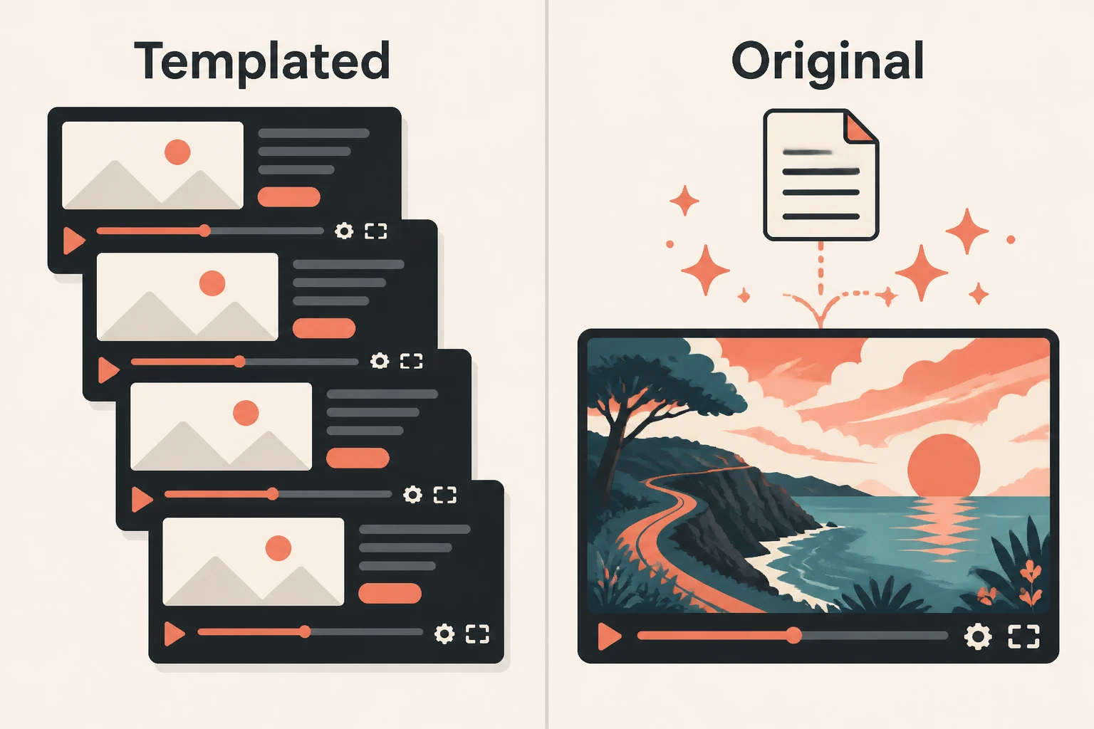 Split-frame: templated stock assembly versus original generated video