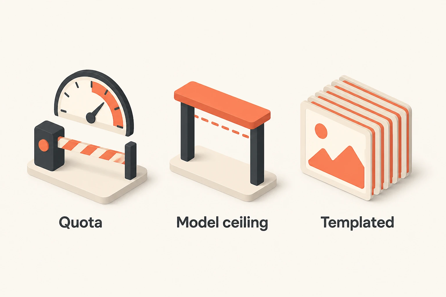Infographic of three limits faceless creators hit: quota caps, model ceiling, templated output
