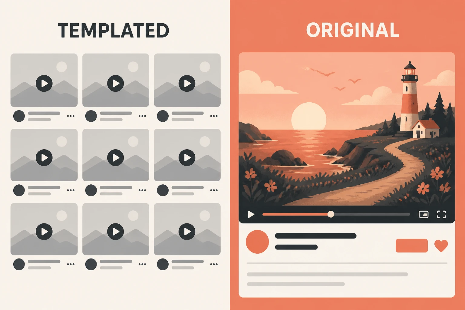 Split-frame of identical templated story-video thumbnails versus distinct original ones